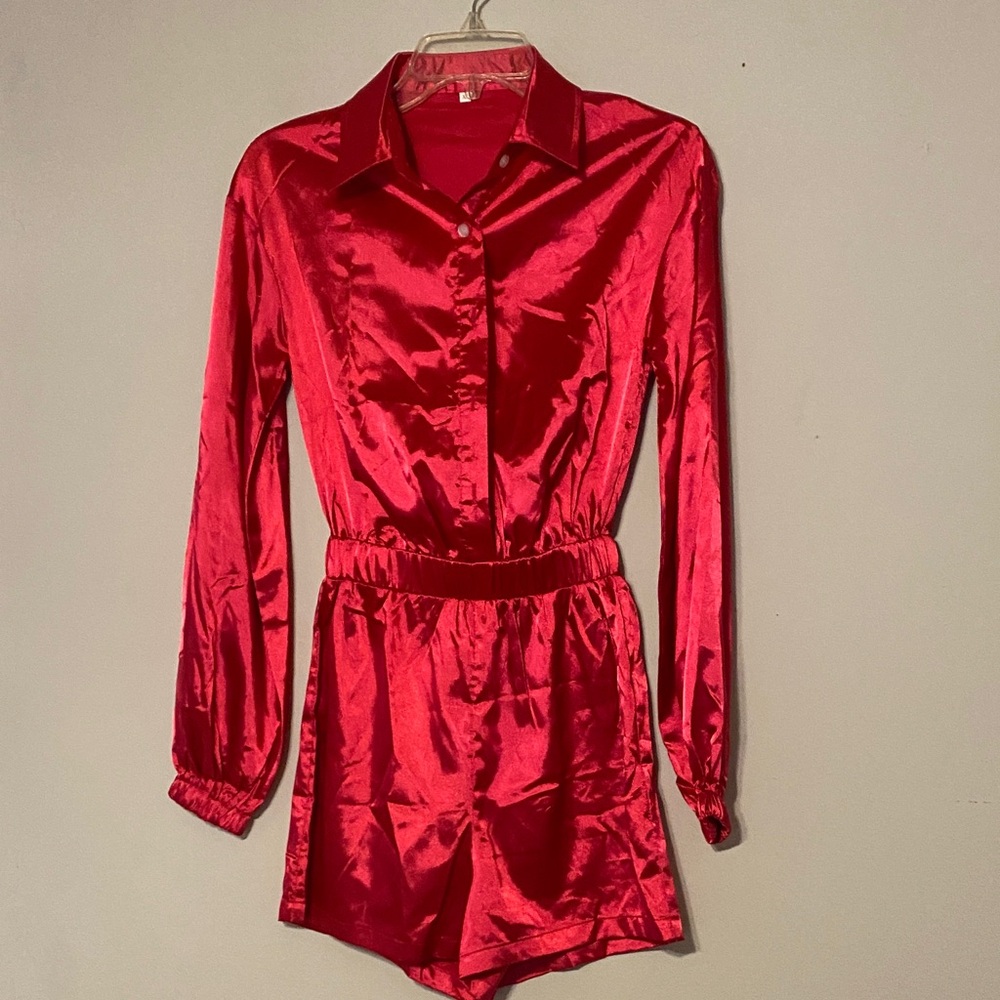 SHEIN Shiny Pink Button-Up Romper - Picture 1 of 4